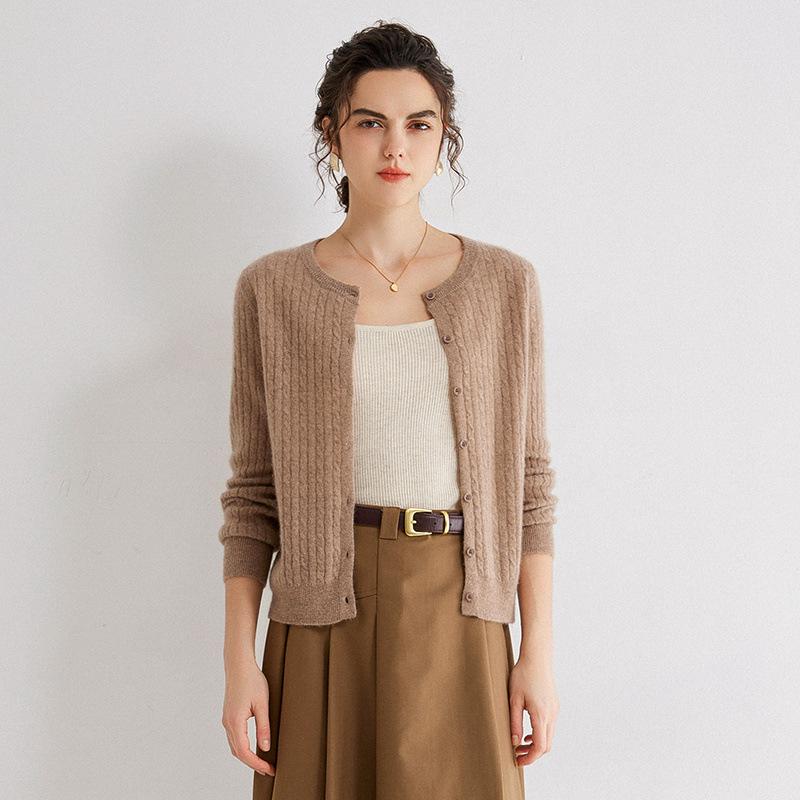 Women's Gold Sand Cashmere Cardigan - Twisted Cable Knit, Round Neck, Striped, Slim Fit, Autumn/Winter Sweater.