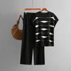 Fashion Suit Women's Summer New Striped Knitted Sweater Top + High Waist Wide Leg Pants Casual Two-piece Set