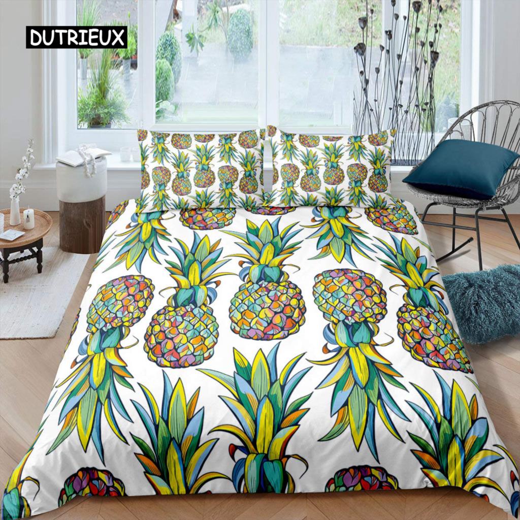 Pineapple Duvet Cover Set King Size Yellow Geometric Pineapple Bedding Set Seaside Beach Theme Fruit Printed Comforter Cover