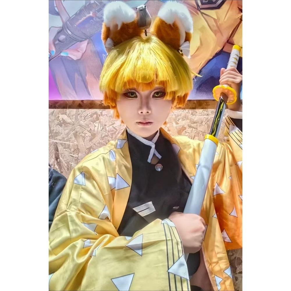 Agatsuma Zenitsu Cosplay Costume Wig Haori Embroidery Top Elastic Pants Belt Rose Net Cos Halloween Christmas Gift