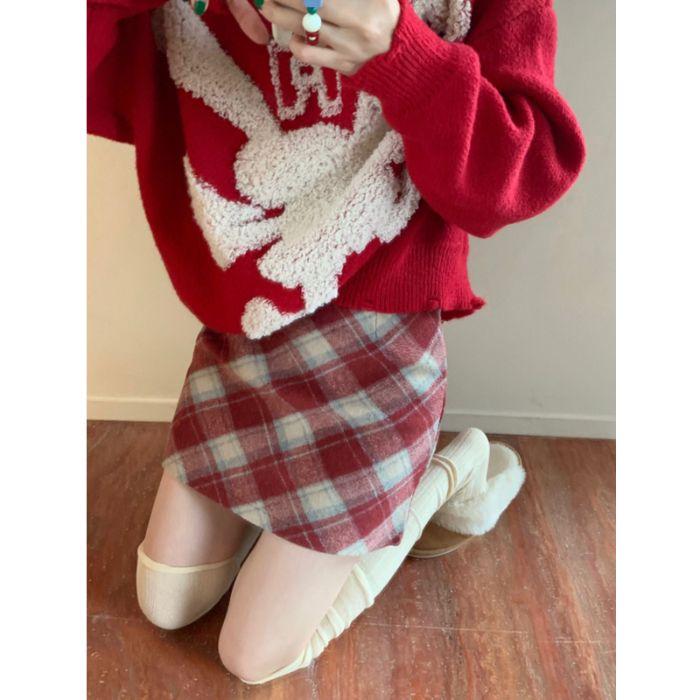 

Plus Size Retro Plaid High-Waist Black A-line Wool Skirt for Women, Autumn 2025 Large красный