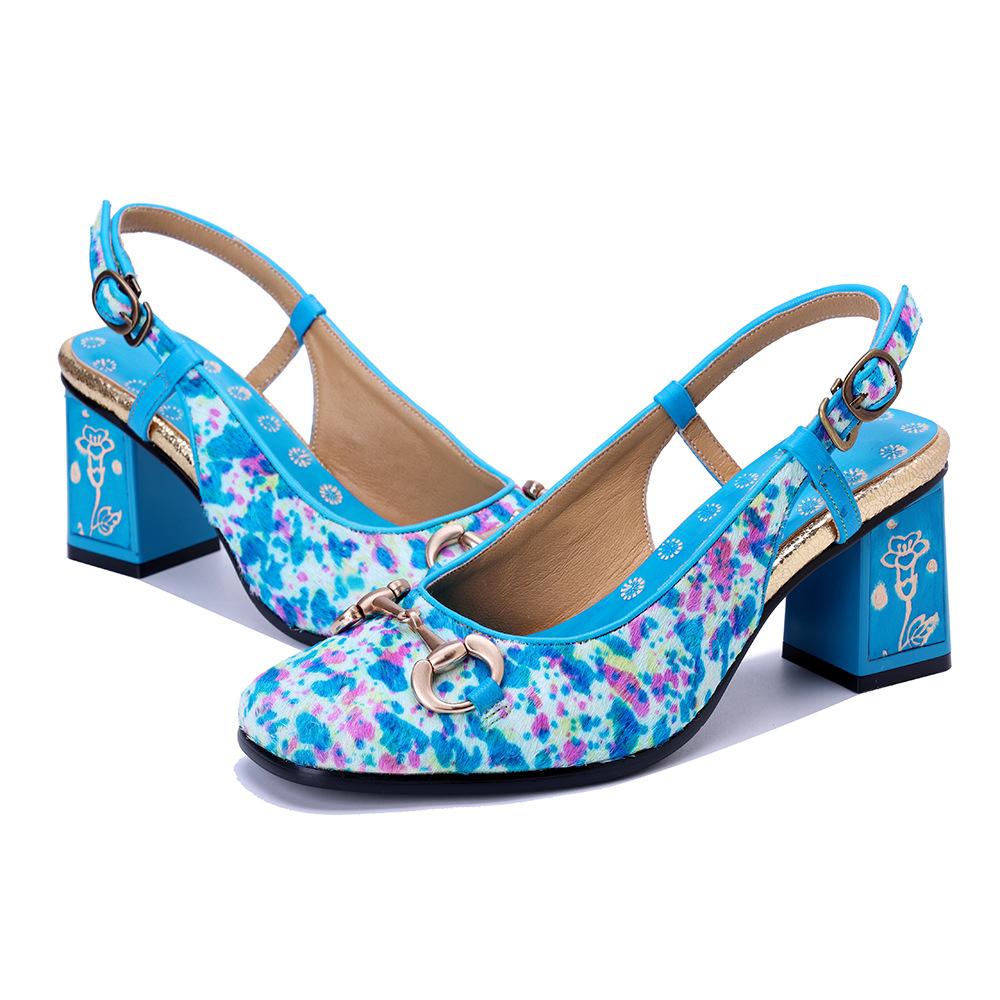 Duté prodyšné pantofle Pravá kůže Silné podpatky Dámské boty Retro Peep Toe Slides