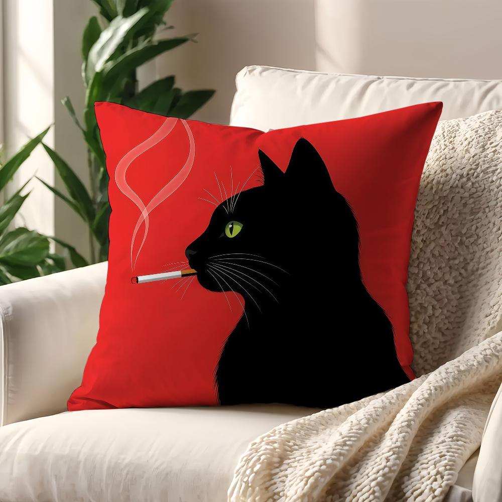 A Vintage Black Cat Smoking Cushion Cover For Pillow Printing Sofa Decoration Home Car Room Coffee Shop Office Nordic Simplicity