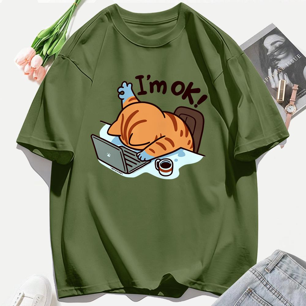 A Cat That Persists In Work Print Women T Shirts Casual Hip Hop Tees Tops Multicolor Cotton Sportswear Loose Short Sleeve Female