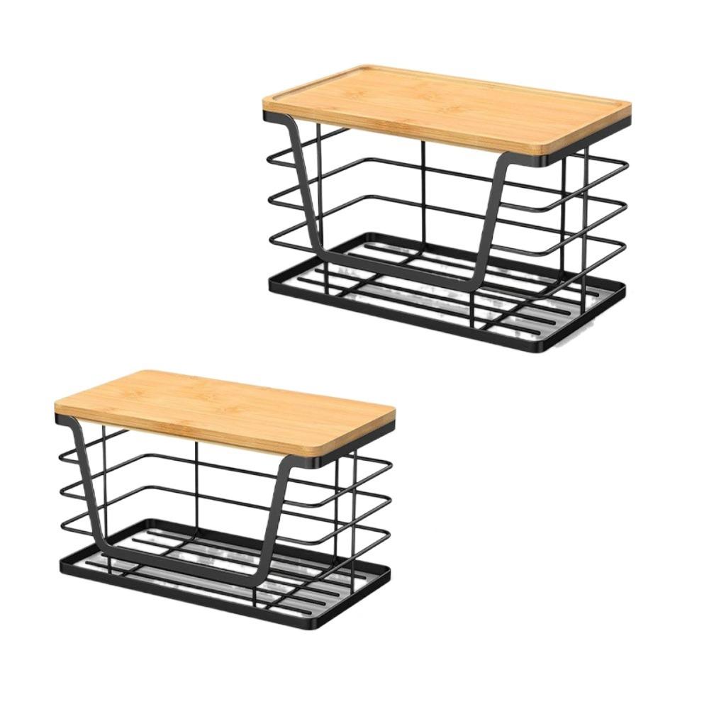 

2 Pieces Carbon Steel Trash Bag Holder with Bamboo Top Black Garbage Bag Dispenser Space Saving Laundry Organizers for Kitchen