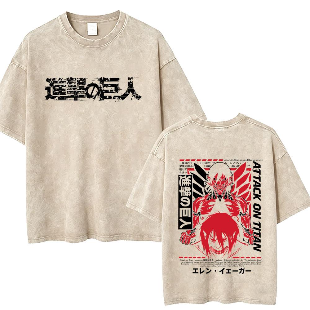 Washed Vintage Anime Attack on Titan Tshirts Eren Jaeger Graphic Tshirt Men Women Manga Retro Oversized Short Sleeve T Shirts