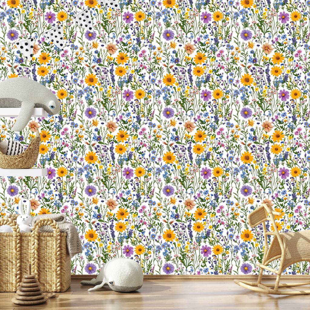 Wild Flowers Wallpaper Light Gray and Lime for Living Room and Bedroom 50x1000