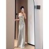 Rochie Maxi Neagră din Satin Fără Bretele Bodycon cu Trena Sirena Rochie de Seară pentru Petrecere