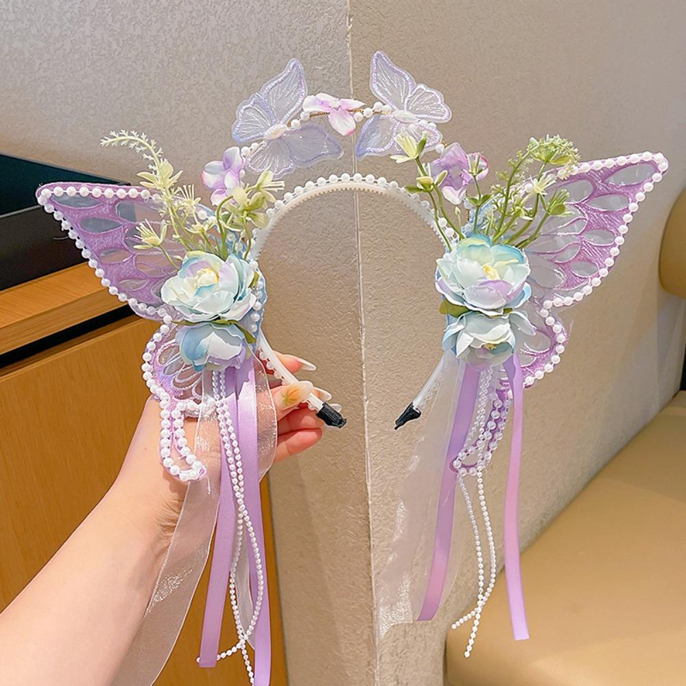Kawaii Big Butterfly Wing Hairpins Mesh Flower Headband Lovely Children's Headdress  Women