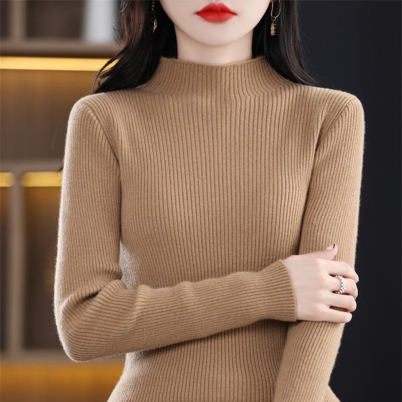 Women's Slim Fit Short Wool Knit Sweater - Solid Color, Half-High Collar