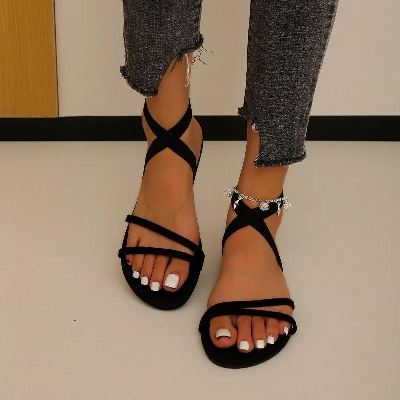 Fashion Shoes Female 2025 Open Toe Women's Sandals Outdoor Casual Sandals Women Plus Size Round Toe Elastic Band Flat with Shoes Women