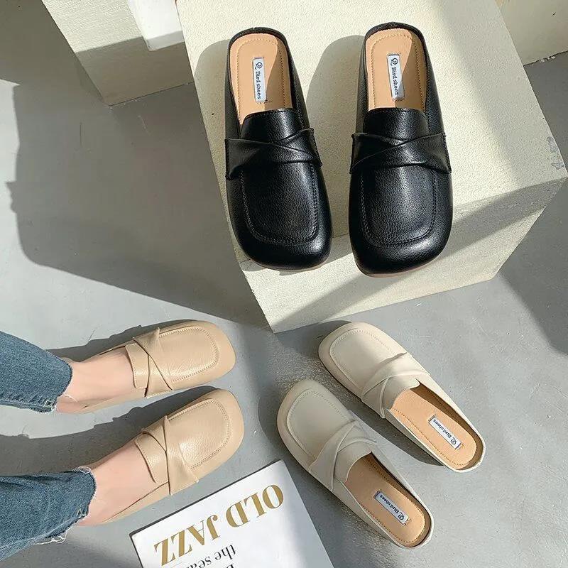 Slippers Women's Outer Wear 2025 Summer New Casual Women's Shoes Bag Head Half Slippers Flat Bottom Square Head Sandals Muller Hugh Shoes