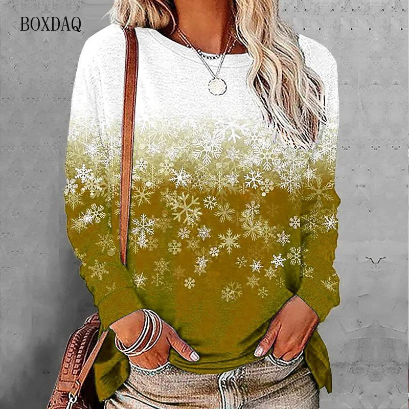3D Snowflakes Pattern Print Women Gradient T-Shirts Long Sleeve Lady Street Hip Hop Tee 6XL Big Size Female Clothing Casual Tops