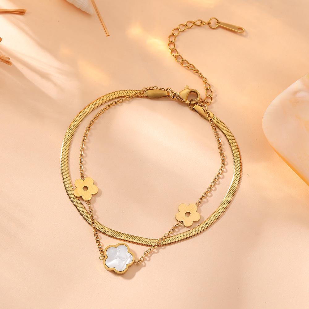 Stainless Steel Double-Layer Bracelet with Five-Petal Flower and Four-Leaf Clover Design