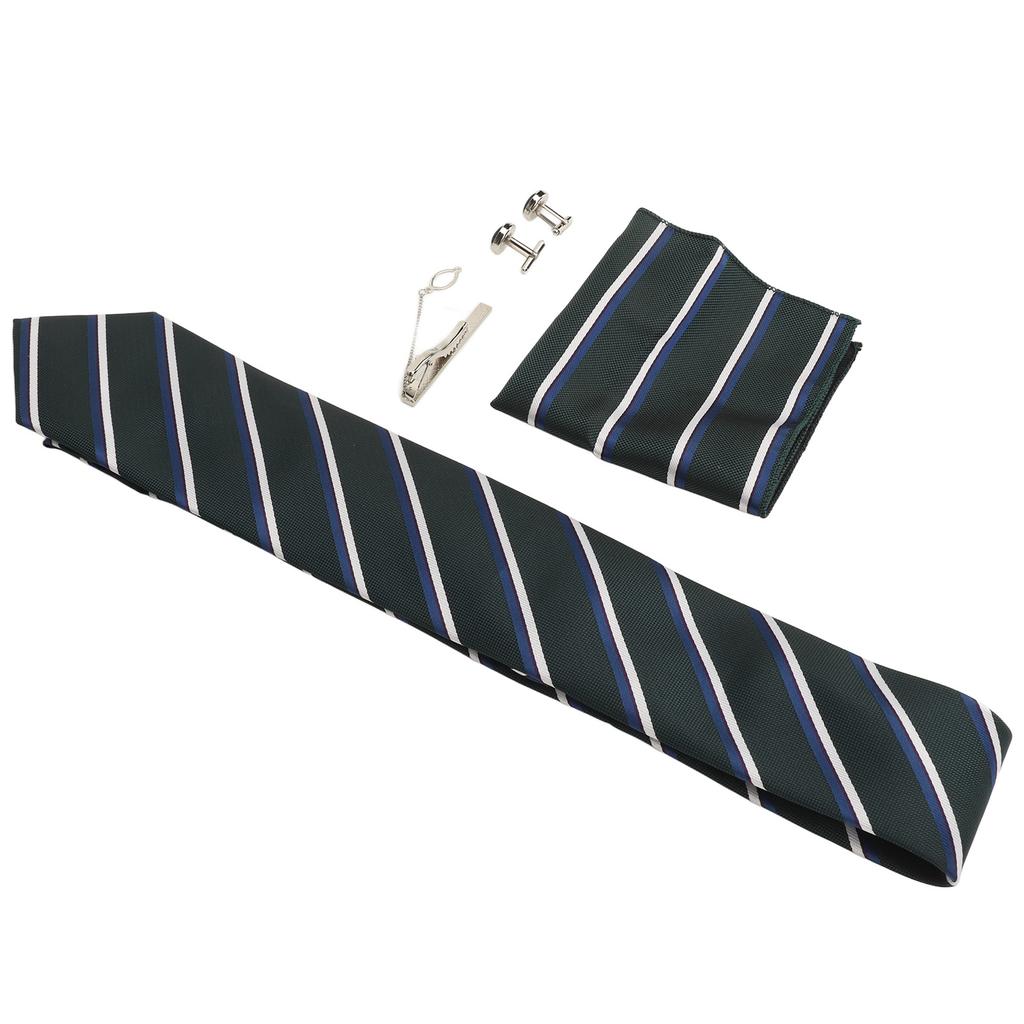 Men Gift Tie Set Silky Necktie Tie Clip Soft Lightweight Pocket Square Cufflink Set 8cm Width for Business Green