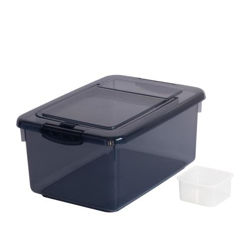 Sanko Plastic Rice Container, 5.0kg Capacity, Navy Blue, 22.6cm W X 32.4cm D X 15.2cm H, Made In Japan, Includes Measuring Cup, One-Touch Open/Close,