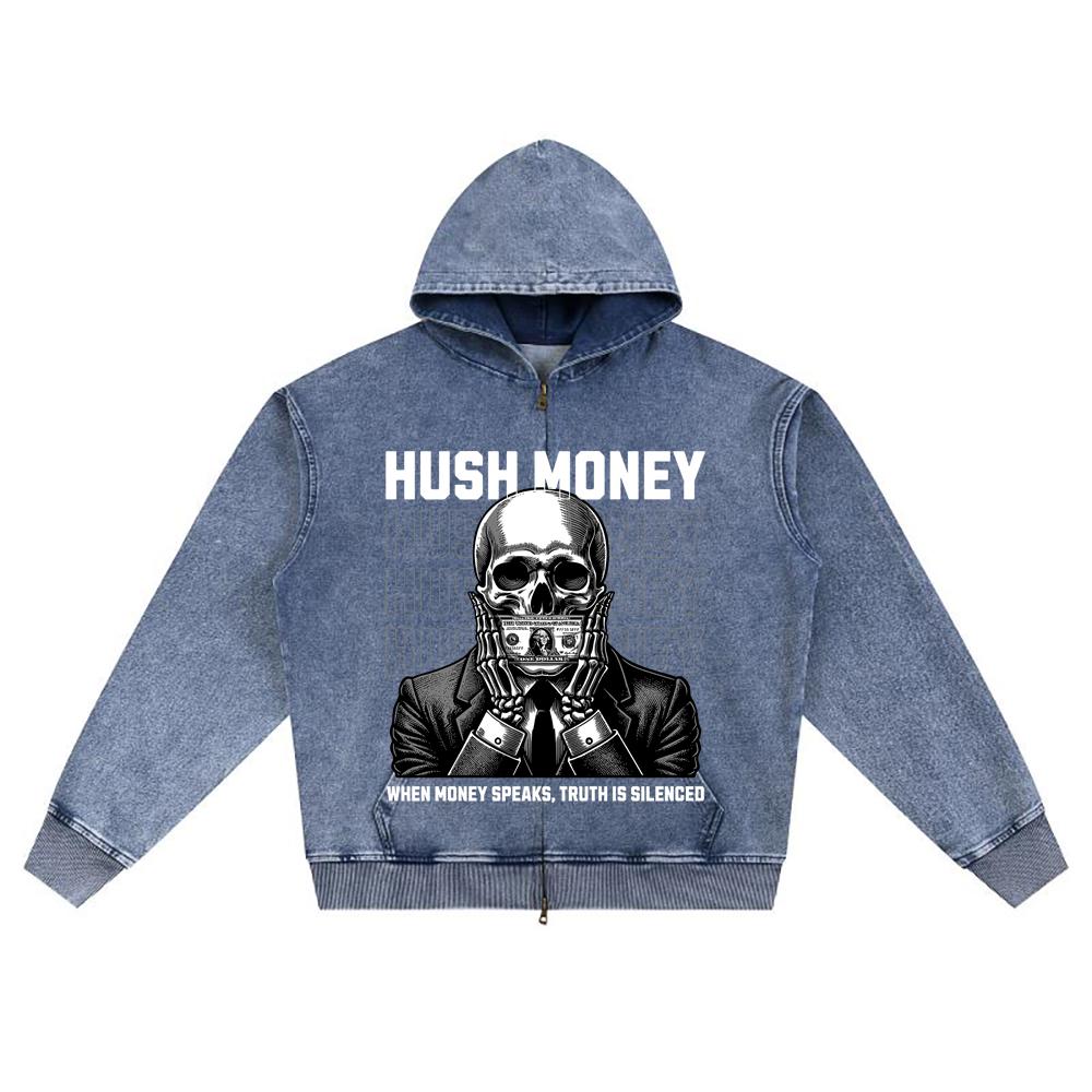 DTG print Knitted Denim Zip-Up Hoodie Skeleton mouth hush money Brother Print Zipper Hoodies  
