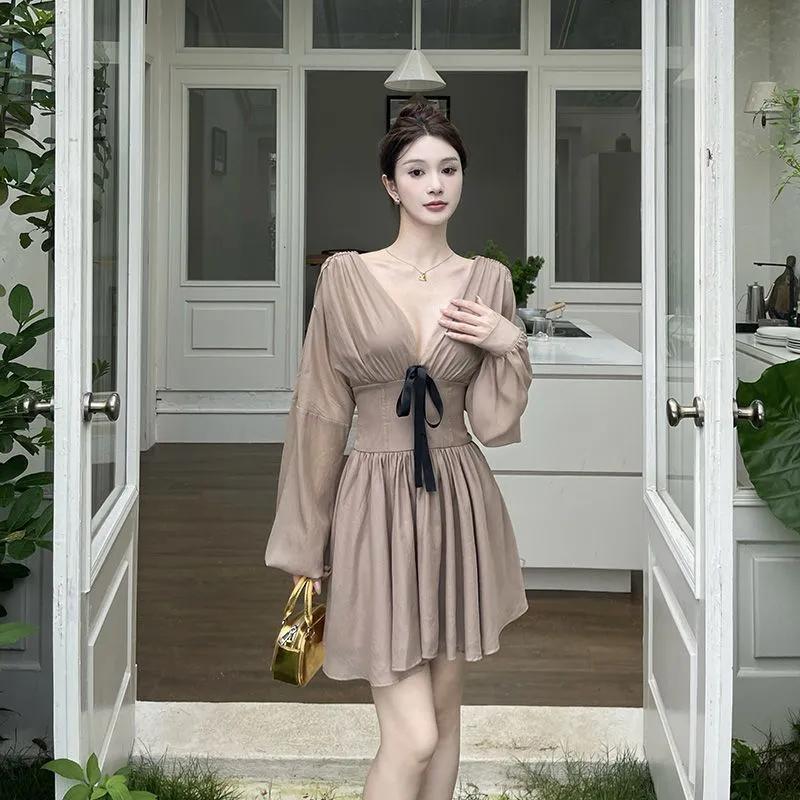 

Women s Chiffon Mini Dress Khaki Long Puff Sleeve Ruched Waist Back Tie Casual Dress S коричневий
