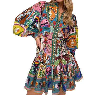 Women's Vintage Floral Print Long Sleeve Dress Bohemian Style Casual Loose Fit Tunic Dress with Button Closure