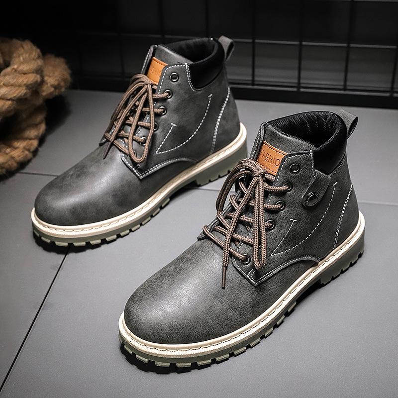 

Мужские зимние кожаные мужские водонепроницаемые резиновые зимние ботинки для отдыха на мотоцикле, английские ретро-ботинки для мужчин 2024 года, новые 44 серый