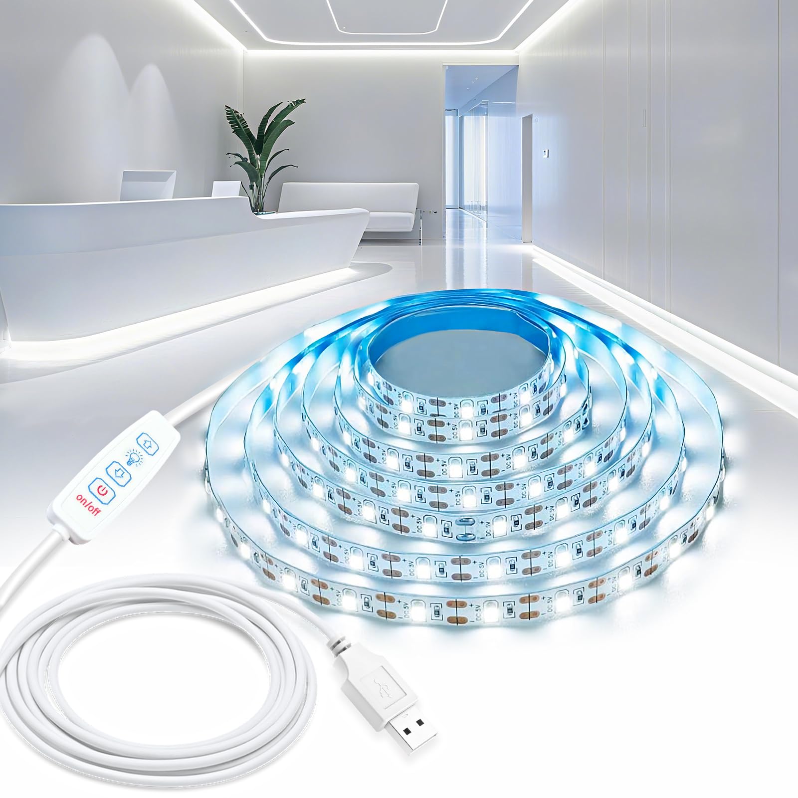 

5M Daylight LED Strip Light, Upgraded USB Charging, 300 LEDs, Thin and Lightweight, 5V, 10-Level Dimming, Indirect Auxiliary Lighting for Bedrooms,