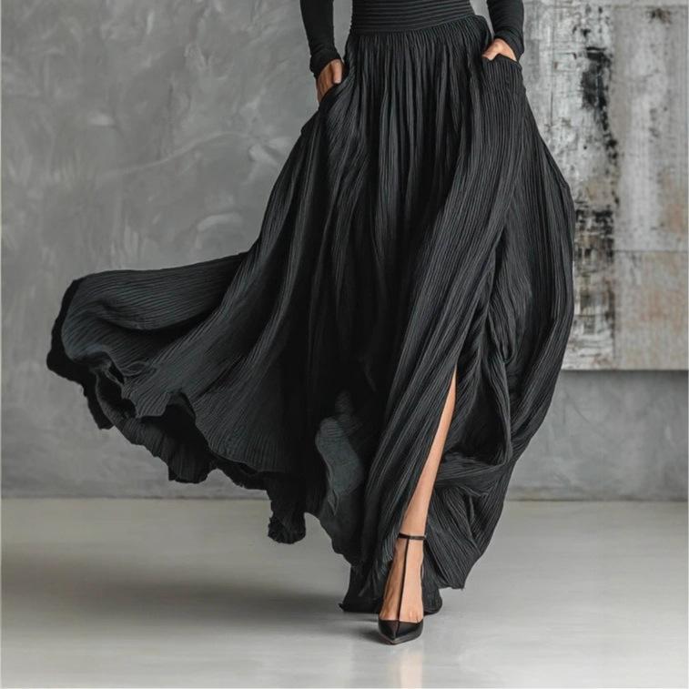 Womens Black High Neck Long Sleeve Top with Pleated Midi Skirt Set