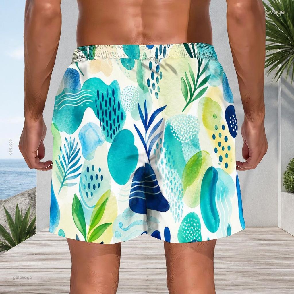 Men S Plus Size Printed Beach Shorts Drawstring Waist Straight Leg With Side Pockets