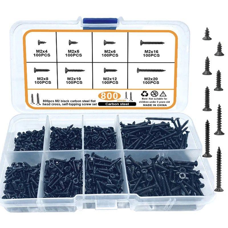

800Pcs M2 Black Flat Head Cross Carbon Steel Self-Tapping Screws for Home DIY Electronics Furniture Metal Wood Repair