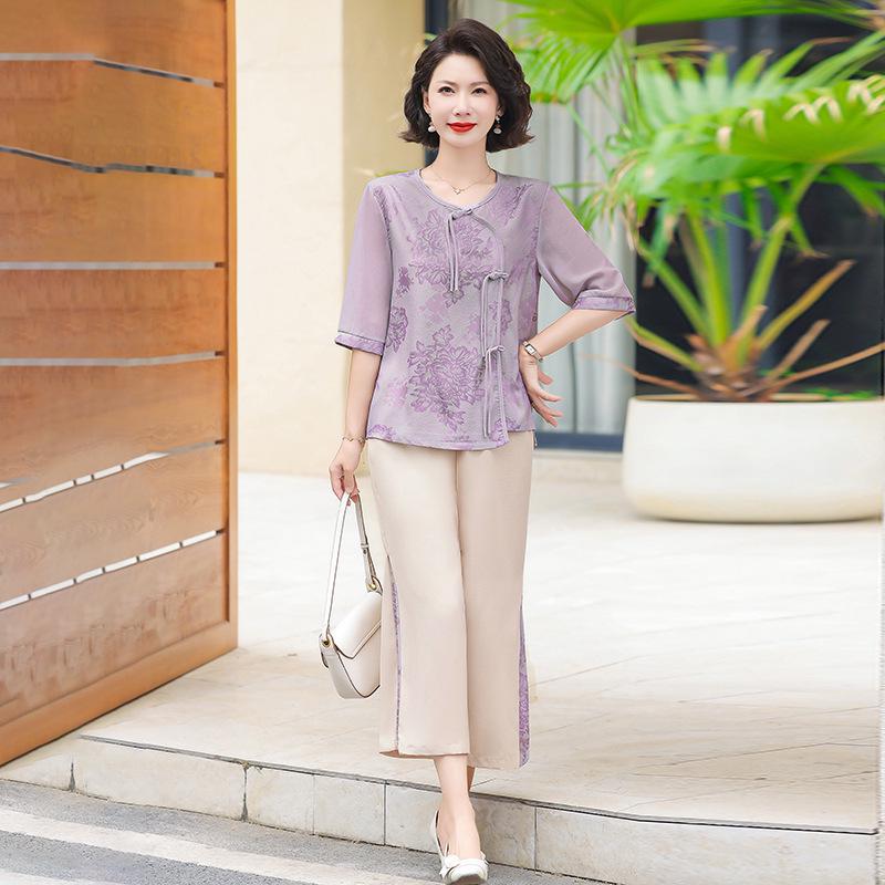 

2026 New Chinese Style Chiffon Shirt for Moms - Spring/Summer Seven-Quarter Sleeves, Perfect for Middle-Aged and Elderly Women 5XL фіолетовий