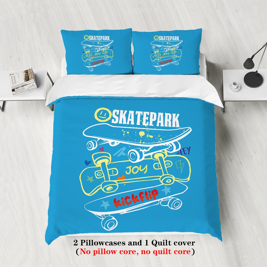 3-piece set, cartoon skateboard pattern printed bedding set, queen, king, double bed, party  funny and creative bedding set