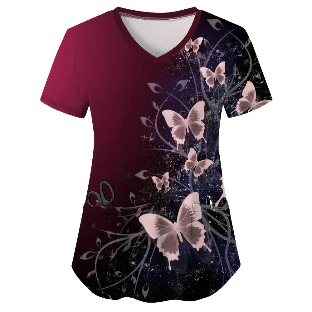 Butterfly Pattern 3D Print Dual Pockets V-neck Top Comfortable  Functional Care Short Sleeve Uniform for Nurse Women's Clothing