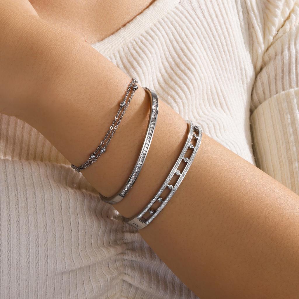 Htpwe Stainless Steel Glossy Zirconium Round Bead Combination Bracelet Set Women Plated 18k Couple Holiday Gift Bracelet Zircon