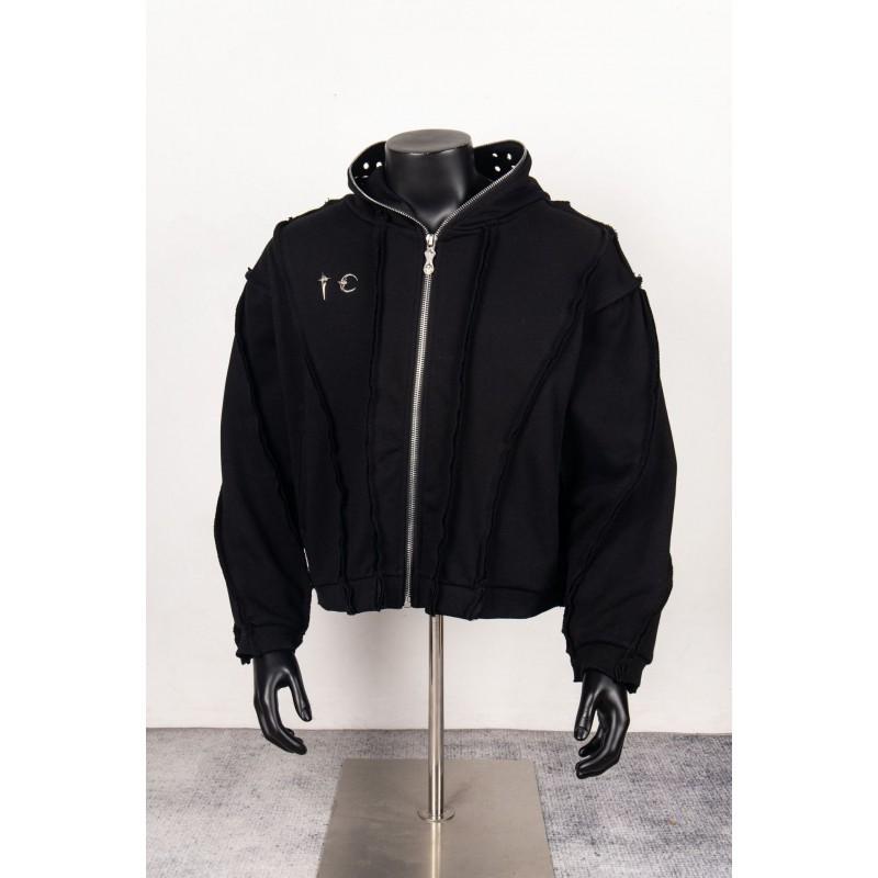 Distressed Oversized Hooded Zip-Up Sweatshirt Streetwear Loose Fit Cotton Pullover Men Fall