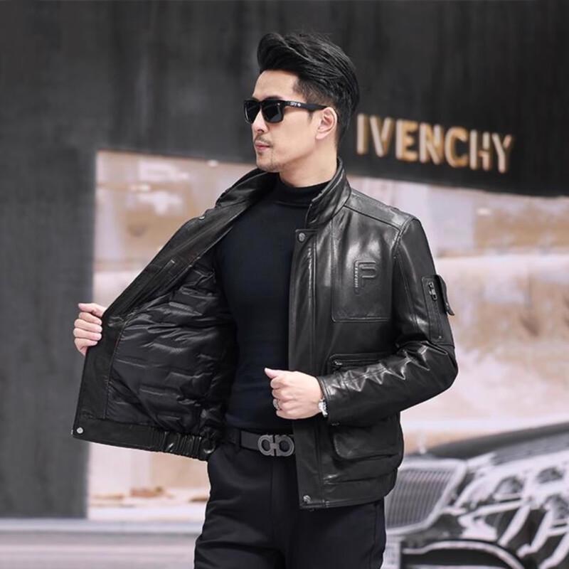 Kaiser Men's Goatskin Leather Stand Collar Down Jacket