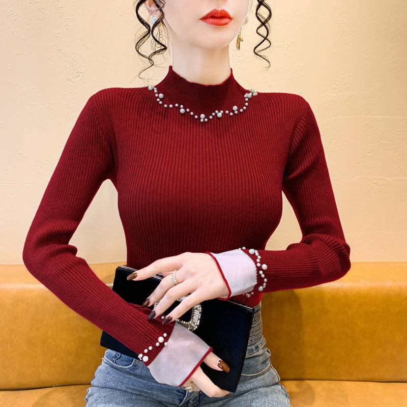 New Spring Style and Versatile Bead Knitted Base Shirt, Half-high Neck Temperament Sweater
