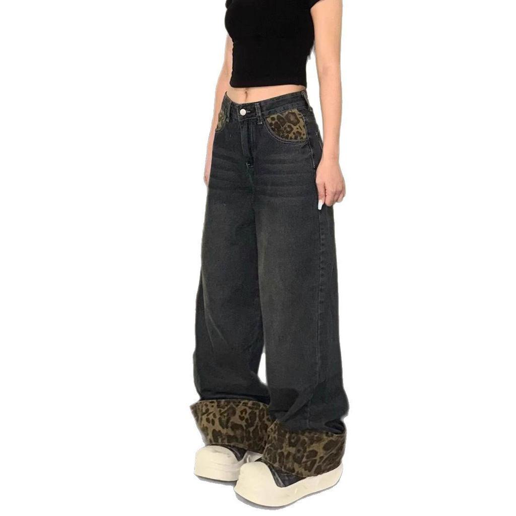 Amerikanische Retro Leopardendruck Patchwork Weitbeinjeans für Damen