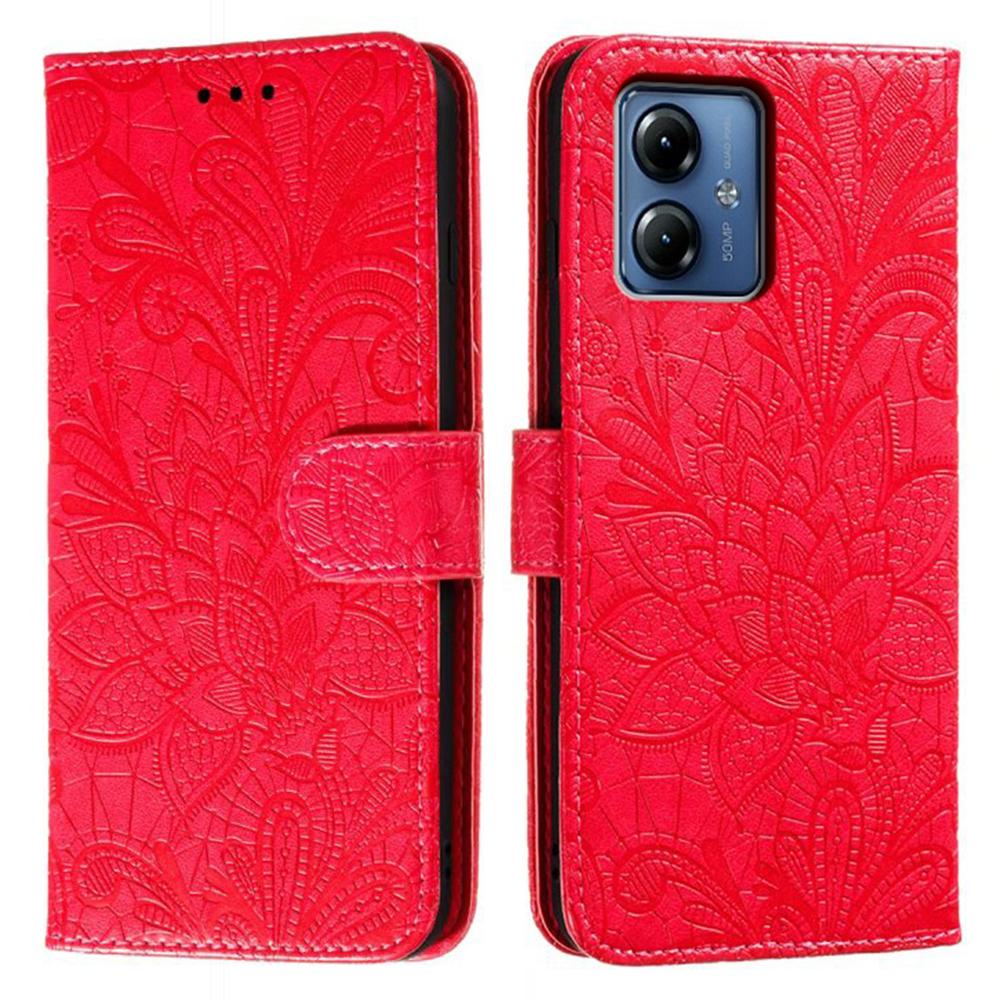 

For Motorola Moto G14 4G Case Lace Flowers PU Leather Flip Wallet Phone Cover Red