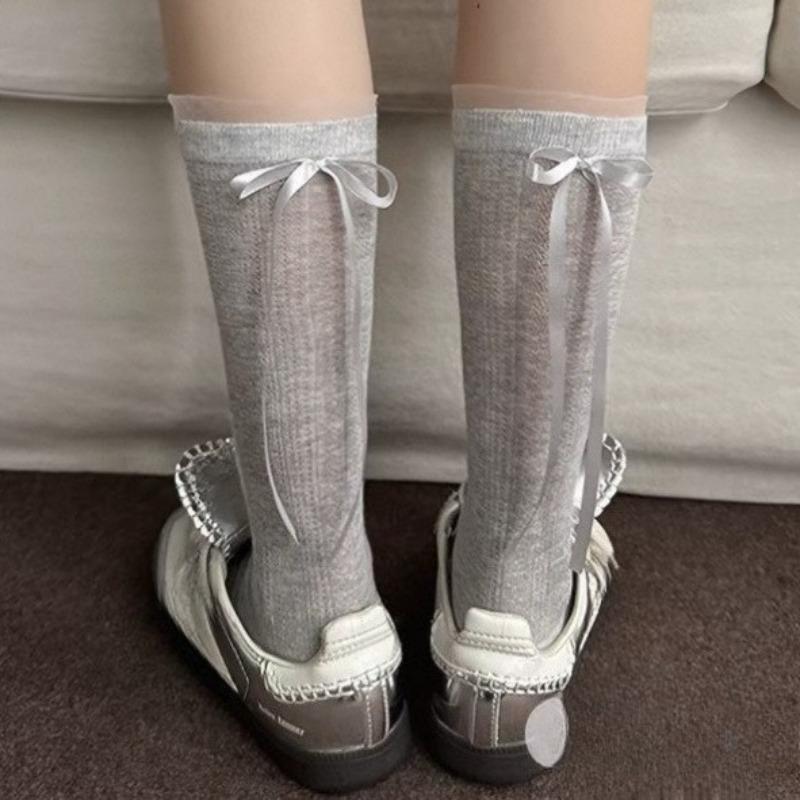 Short-sleeved Summer Lightweight Stockings for Women with Bow Ribbons At The Back of The Heel - A Sweet Long Stocking.