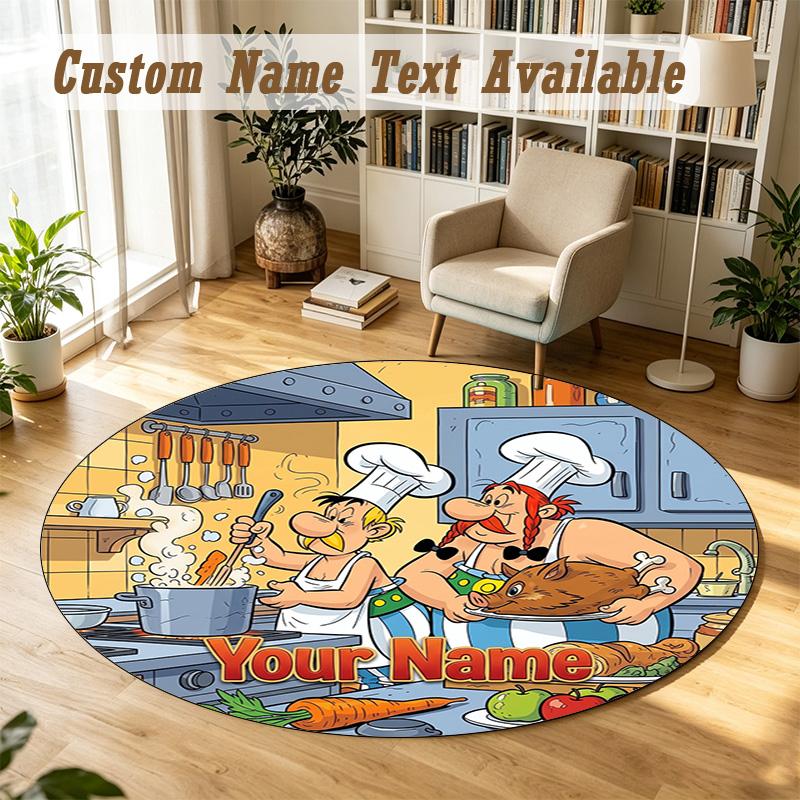 Round Rug Custom NameAsterix & Obelix Pattern Non Slip Carpet Home Floor Decor