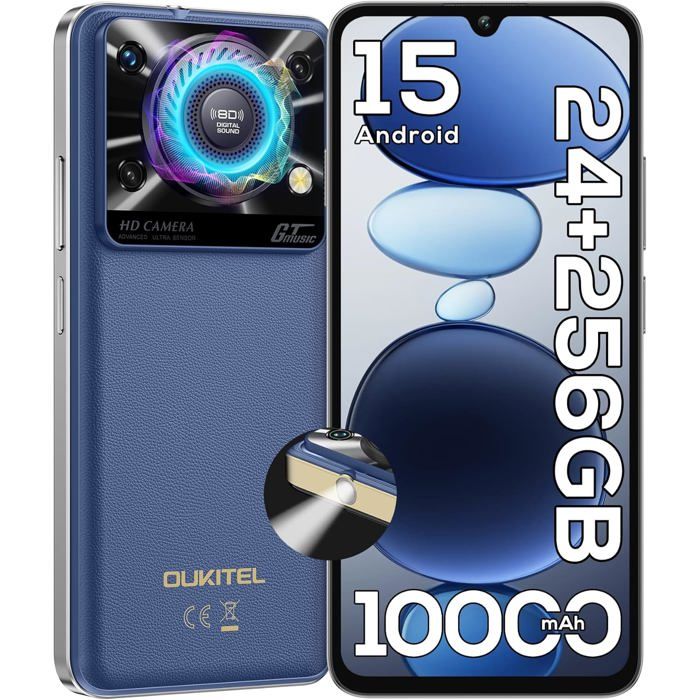 OUKITEL C60 Pro Telephone Portable 24GO+256GO Smartphone Pas Cher 10000mAh 6.88" Téléphone 110dB Haut-Parleur 4G Dual SIM/NFC Bleu