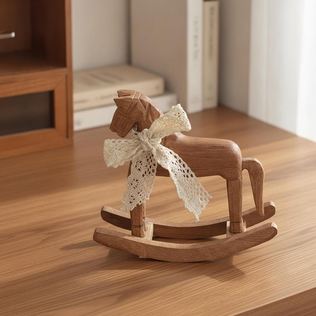 Wooden Rocking Horse Table Decoration Tabletop with Ribbon Carved