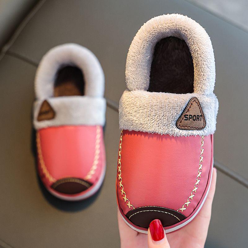 Waterproof Non-Slip Winter Warm Cotton Slippers with Velvet & PU Leather for Men, Women, & Kids