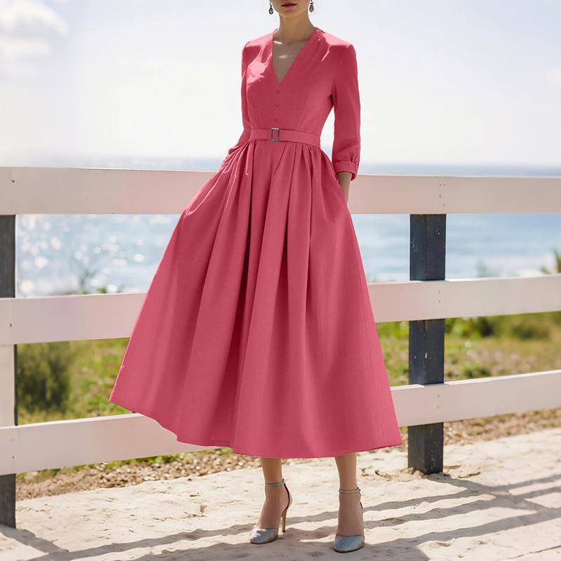 ZANZEA Women Elegant Casual V-Neck Solid Color 3/4 Sleeve Long Dress S темно-розовый