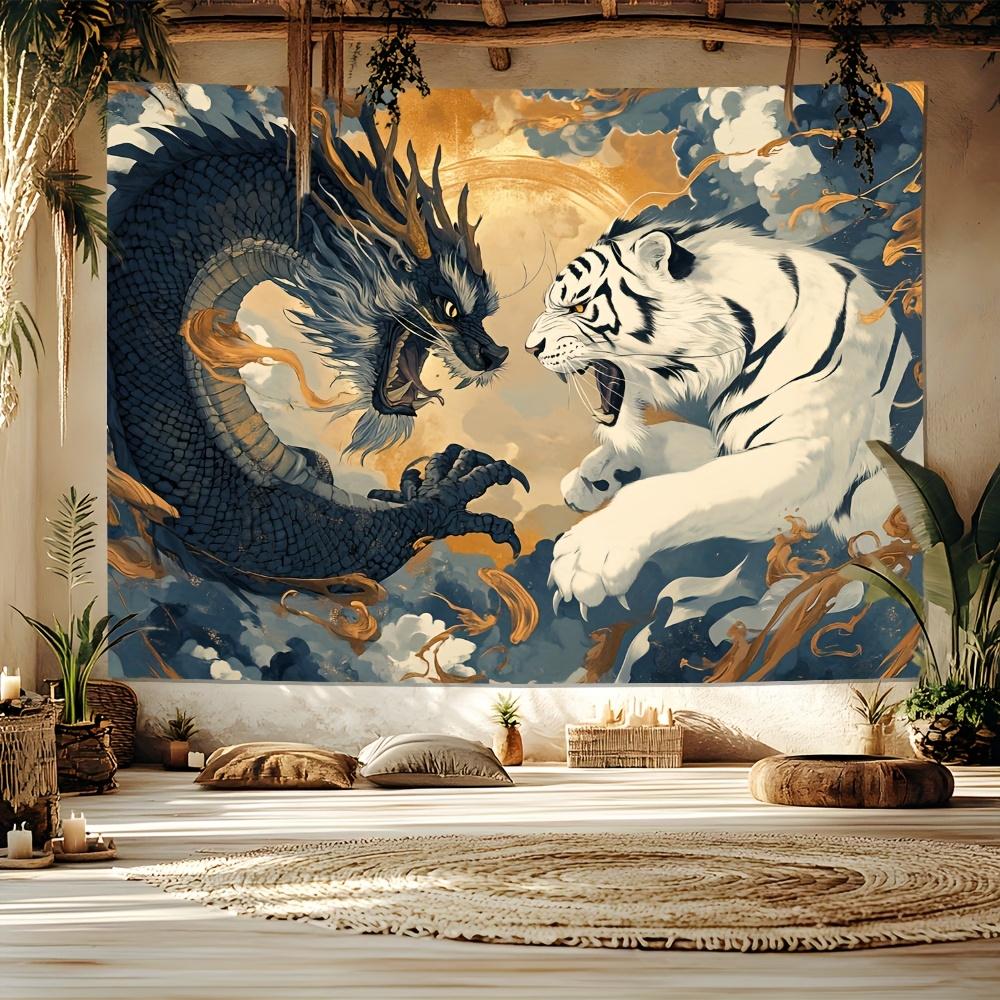 Drache gegen Tiger Wandteppich Mythischer Zusammenstoß Dramatische Wolken Intensiver Kampf für kühne und kraftvolle Heimdekoration Wandkunst