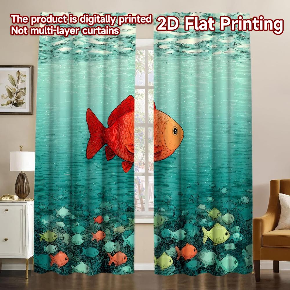 

Set Of 2 Flat Printing Red Fish Blue Sea Creative Popular Curtains Durable Polyester Fabric Gifts Kitchen Curtain For Made W100*H70(CM)-Hooks&2PCS