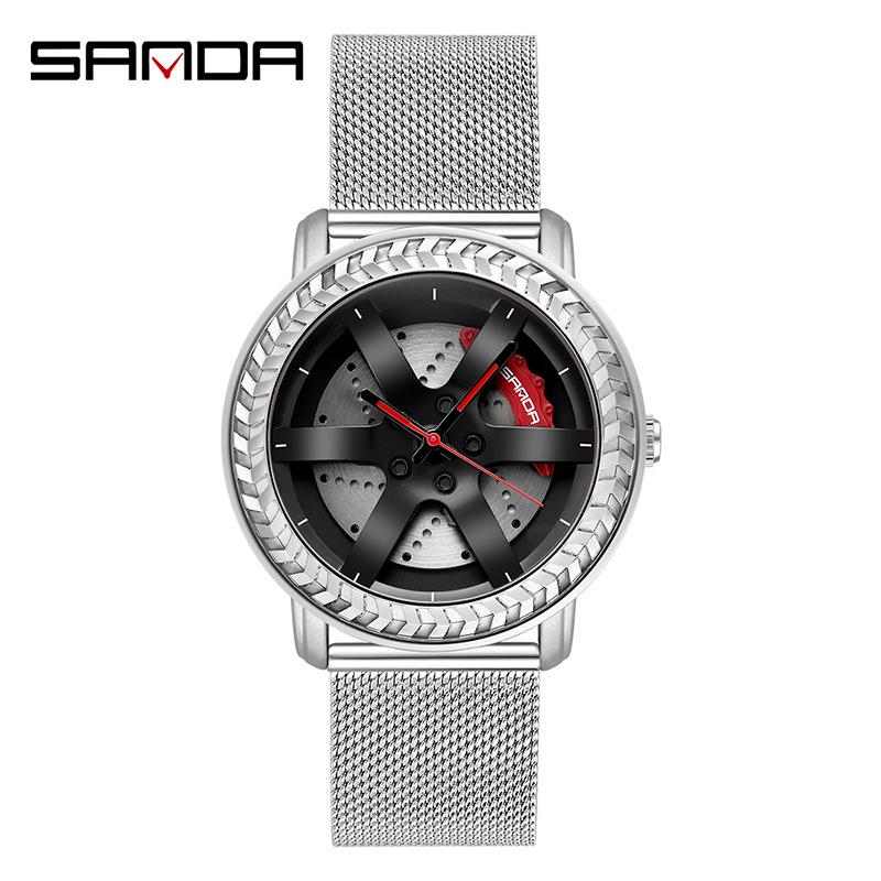 Sanda Men's Fashion Quartz Watch, Mesh Strap, Waterproof, Outdoor Casual, Hollow Wheel Dial.