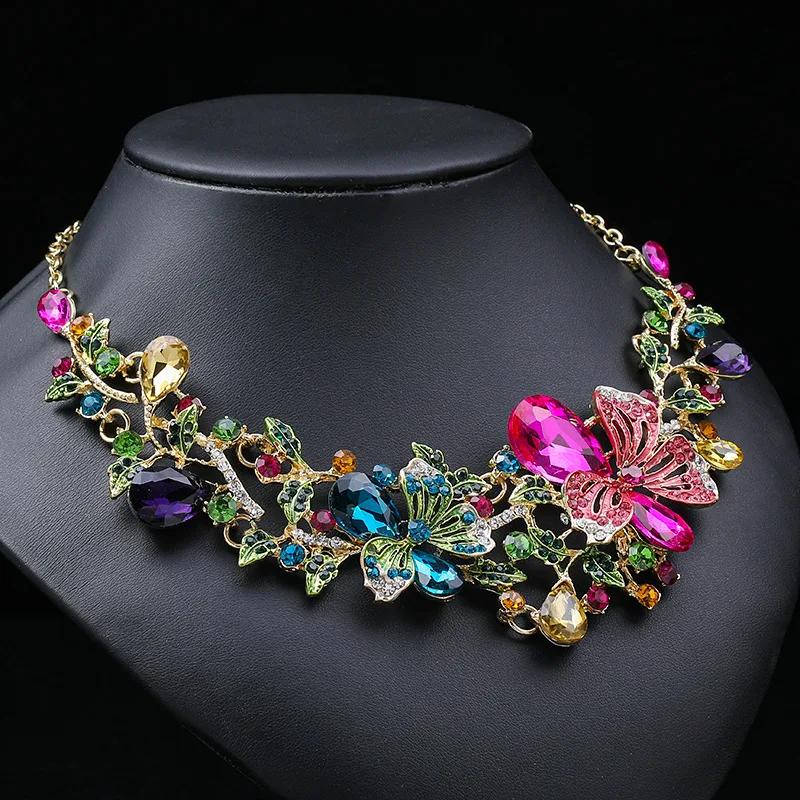 Multicolor Earrings with Matching Necklace Fashion Bauhinia Flowers Crystal Zircon Set Wedding Necklace Women Zircon