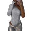 Kvinnor Sexig Paljettbodysuit Långärmad Enaxlad Tubtopp Jumpsuit Damer Skinny En Del Romper Playsuit för Fester Klubbar Barer