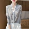 2025 Spring/Summer Colorblock V-Neck Fine-Knit Cardigan – Long Sleeve, Loose Fit, Versatile Two-Piece Top