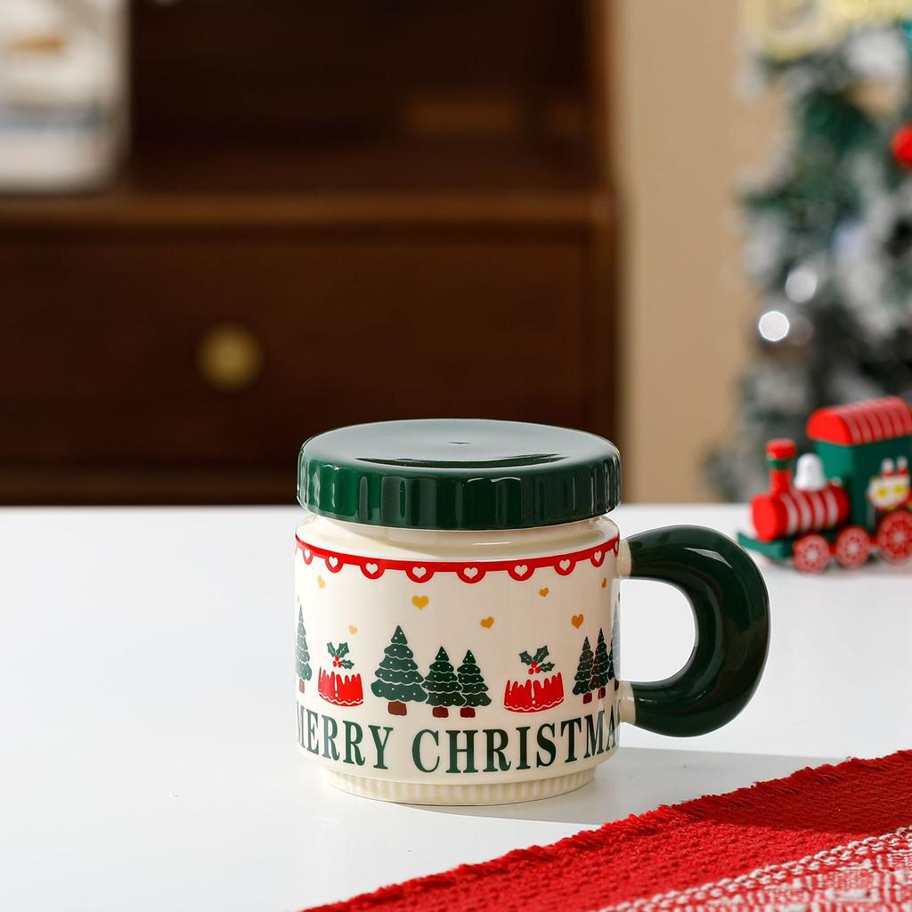 400ML Christmas Coffee Cups Personalized Ceramic Mug with Lid Cute Home Office Copo Breakfast Milk Drinking Friend Kid Xmas Gift